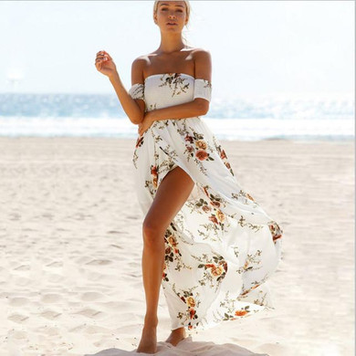 Ebizza Elegant Off Shoulder Boho Beach Print Floral Maxi Dress Women Summer 2017 Backless High Waist Party Dress Chic Vestidos