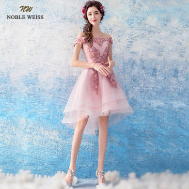 NOBLE WEISS Pink Prom Dress Customized Fashion Boat Neck Lace-up Back Tulle Asymmetrical Appliques Beading Party Gown Dresses