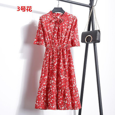 NIJIUDING 2018 New Dress Summer Women Short Sleeve Office Lady Flower Print Bow Flare Sleeve Dress Chiffon Casual V-neck Dresses