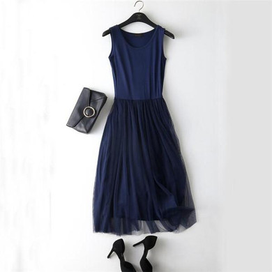 2018 New Sexy Spaghetti Strap Patchwork Mesh Dress Spring Summer Women Gauze Lace Tank Dress Basic Sundress Party Vestidos SF116