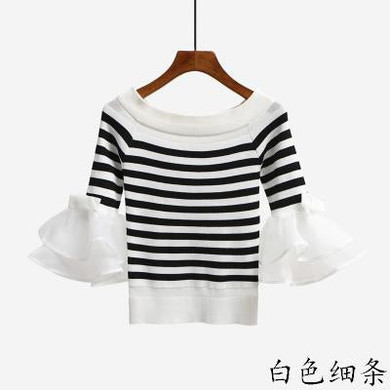 2018 New off shoulder cropped knitted shirt white sweater tops women slash neck sexy flare sleeve striped pullovers korean blusa