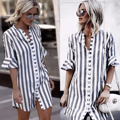 2018 new fashion women's black and white striped dress casual flare half-sleeved loose dresses women button shirt dress vestidos
