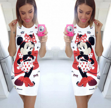 2018 new Fashion Women Summer Sleeveless white Bodycon Camouflage Cartoon Mouse Print Sexy tank Mini Dress Vestido Curto