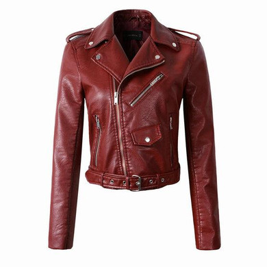 2018 New Fashion Women Autunm Winter Wine Red Faux Leather Jackets Lady Bomber Motorcycle Cool Outerwear Coat with Belt Hot Sale