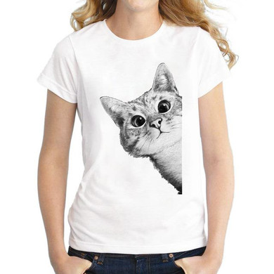2018 New Fashion Neaky Cat Design Women T-Shirt Short Sleeve Tops Novelty Cute Cat Printing Tee Shirts