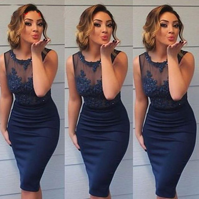 Dark Navy Sexy Mini Cocktail Dresses Sheath Knee Length Appliques Lace Beads Short Prom Party Gowns Robe De Cocktail Plus Size