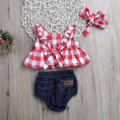 Pudcoco 2017 Summer Infant Kids Baby Girls Outfit Sleeveless Tops+Jeans Shorts+Headband Kids Outfits 0-3Y