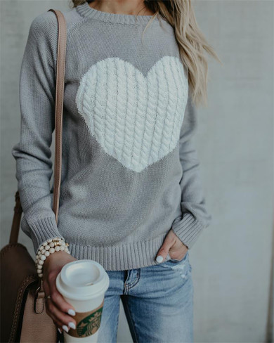 Autumn Winter Women O-neck Knitted Sweaters Heart Cute Long Sleeve Pullover Knitting Sweater Women Casual Patchwork Pullovers