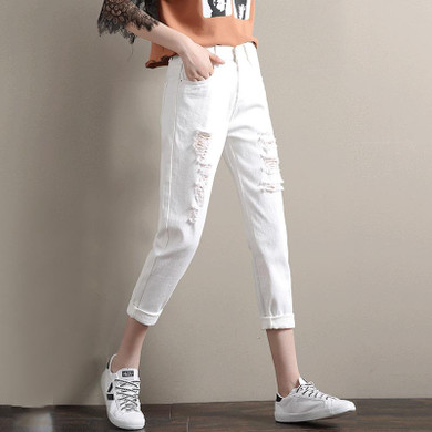 Autumn Loose White Boyfriend Jeans For Women Pants Women Mid-Waist Harem Denim Trousers Jeans Holes Female Pants Large Size