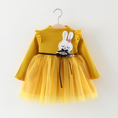 Autumn Long Sleeve Mesh Patchwork Cartoon Rabbit Baby Party Girl Kids Princess Infants Ball Gown Velvet Tutu Dress Vestido S5813