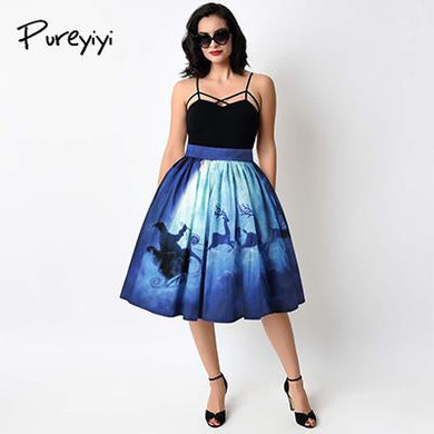 Pureyiyi Skirts for Women Blue Christmas Skirt High Waist Skirts 2017 Summer Vintage Ball Gown Winter Skort
