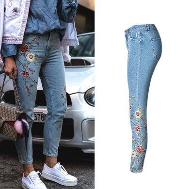 Spring Casual Women Pencil Jeans High Waist Floral Embroidery Fashion Ankle Length Women Denim Pants