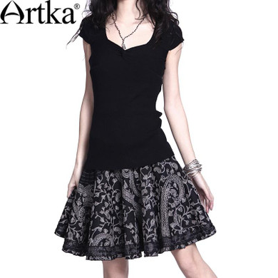 Artka Women's Retro Vintage Hugging Waist A Line Embroidery Swing Skirt A06377