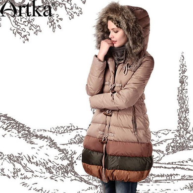 Artka Women's Autumn Winter Vintage Hooded Collar Long Sleeve Contrast Color Midi Pattern Thick Down Jacket  YK12348D