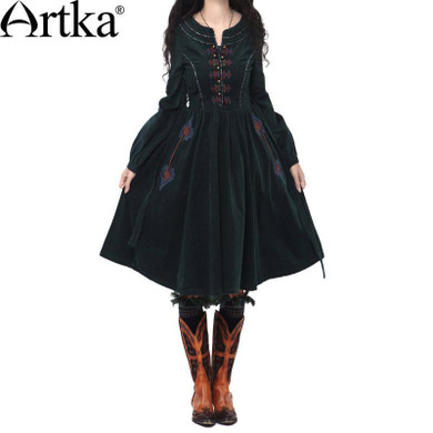 Artka Women'S Autumn Vintage O-Neck Lantern Sleeve Solid Embroidery Patchwork Expansion Bottom Cotton Dress L110152Q