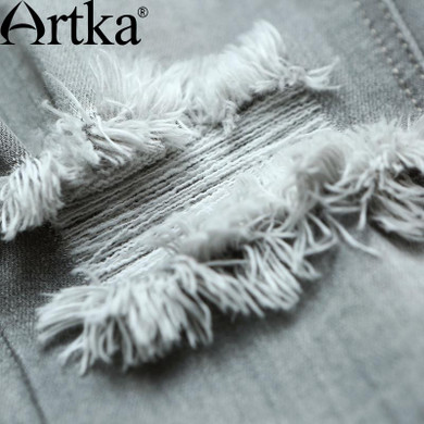 Artka Women's Autumn New Patch Pockets Ripped Jeans Vintage All-match Mid-waist Full Length Pencil Jeans KN11668Q