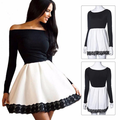 Spring and Summer Women's Long Sleeved Lace Patchwork Dress Sexy Off Shoulder Strapless Dress Slash Neck Party Dresses Vestidos