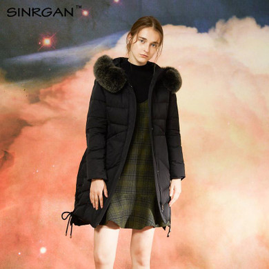 SINRGAN Women Fashion Down Coat 2017 New Winter Thick 90% White Duck Down Coats Solid Balck With Fox Fur Collar Luxury Parkas