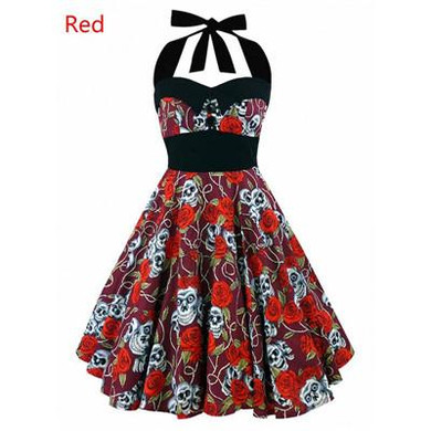 5XL Large size skull printed dress Women punk strapless halter party dresses Bowknot self gothic dress clothing Swing 1950s 60s