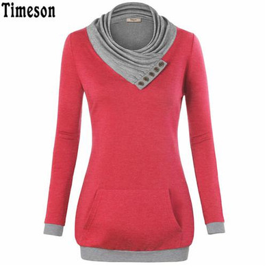 2018 Autumn Long Sleeve Kangaroo Pocket Women Hoodies Scarf Neck Casual Knitted Patchwork Pullovers Female Out Wear Tee Shirt