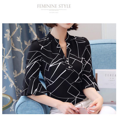 2018 Autumn Floral Chiffon Blouse Women Tops Flare Sleeve Shirt Women Ladies Office Blouse Korean Fashion Blusas Chemise Femme