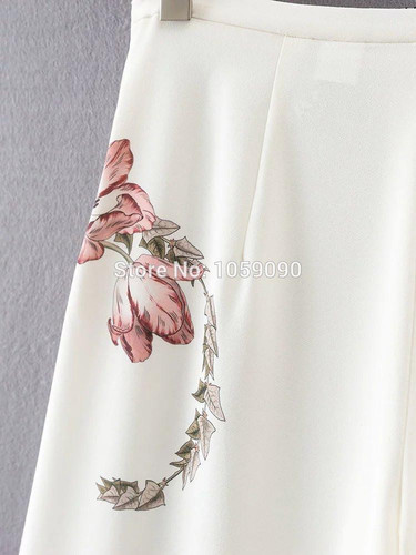 2017ss New Woman Fashion White Culottes with floral print Side zip Wide LEG LOOSE Cropped Trousers