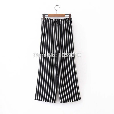 2017SS New Woman Fashion Black White Striped Wide Leg Cropped Trousers Elastic Waist with bow tied Loose Pants