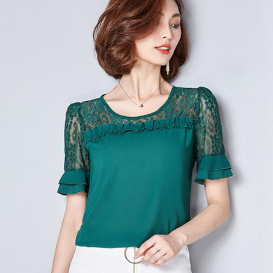 BIBOYAMALL Women Blouse Fashion 2017 Summer Chiffon Blouse Plus Size Short Sleeve Casual Lace Shirt Tops O-neck Loose Blusa Red