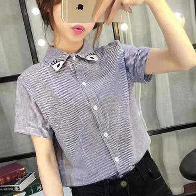 3D Cat Embroidery Blouse Shirt Female Cotton Linen Stripe Blouse 2017 New Summer Cute EYE/DEER Cartoon Shirts Women Tops Ladies