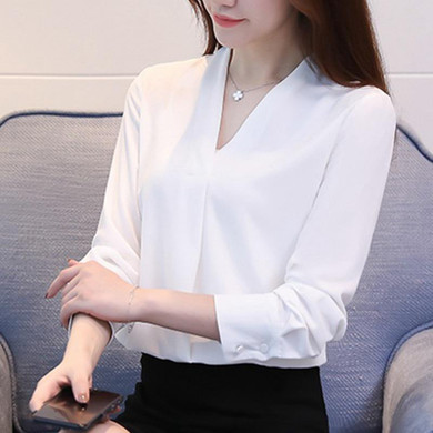 2018 Spring Chiffon Blouse Women Long Sleeve Elegant Ladies Office Shirts V-Neck Work Wear Casual Slim Tops White Blouse Shirts