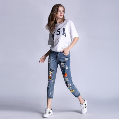 5XL 2017 Fashion High Waist Pencil Boyfriend Jeans Femme Print Mickey Jeans Woman Denim Pants Plus Size Ripped Jeans For Women