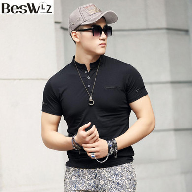 Beswlz Summer Men's T-Shirts Short Sleeve Mandarin Collar Cotton Slim Men T Shirts Business Casual Style Men Tops Tees 6951