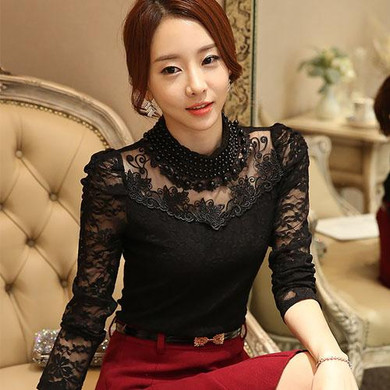 Dingaozlz 5XL Sexy Lace Tops 2018 blusas new Slim Plus size lace blouse long sleeve Casual shirt beaded openwork Women clothing