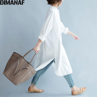 DIMANAF Women Blouse Plus Size Autumn Cotton Long Blouse Solid O-Neck Split Casual Fashion Loose White Elegant Female Blouse