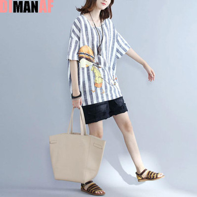 DIMANAF Summer T-Shirt Plus Size Women Linen Cartoon Striped Print Female Casual T-Shirt Loose Short Sleeve Big Size Tops&amp;Tees