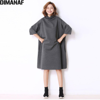 DIMANAF Autumn Plus Size Women Dress Casual Solid Turtleneck Loose Batwing Female Fashion Oversize Grey Elegant Dresses Fit 5XL