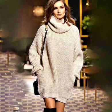 New Year Fashion Trendy Women Pullover Turtleneck Knitwear Knitted Long Sleeves Sweater Dress Autumn Fall Winter Outfit Outwear