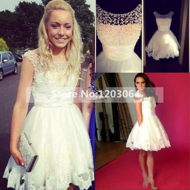 2016 A-line Mini White Cocktail Dresses with Lace Pearls Beautiful Tulle Appliques Sheer Short Prom party gowns Graduation dress