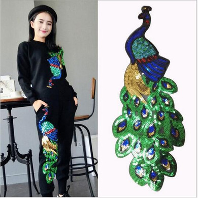 1pcs Colorful Sequins Peacock Embroidery Fabric Large Applique Patch African Lace Sew Dress Cloth Decorate Accessory DIY