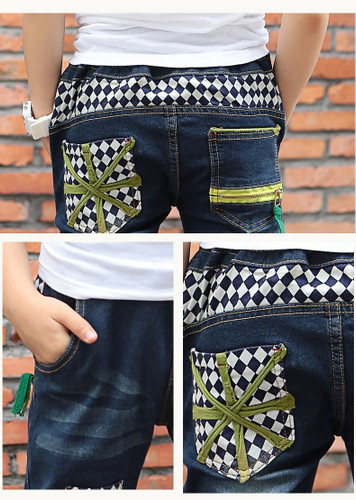 Boys Pants Jeans 2017 Fashion Boys Jeans For Spring Fall Childrens Denim Trousers Kids Blue Patches Elastic Waist Designed Pants