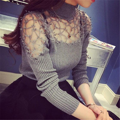 2017 Autumn Winter Women Sweater Turtle Neck Lace Knitted Pullover Female Sexy Knitwear Hollow Long Sleeve Suter Pull Femme