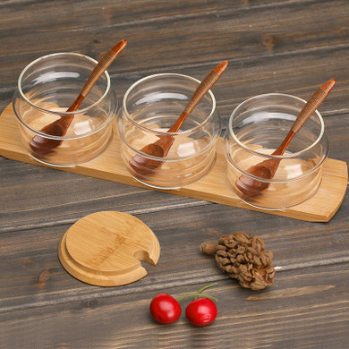 Glass Spice Storage Jars Set Kitchen Supplies Seasoning Boxes Condiment Storage Bottles (3pcs Jars / 3pcs Spoons / 1pc Pad)