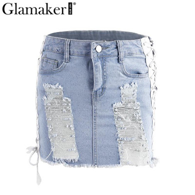 Glamaker Washed denim side lace up women skirt Hollow out fashion pencil skirt Short streetwear casual mini denim skirt