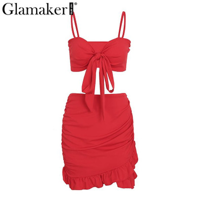 Glamaker Ruffle halter women dress vestidos Sexy v nerk party dress summer Bow tie bodycon mini dress female two piece dresses