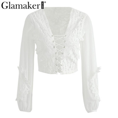 Glamaker Hollow out mesh white lace blouse shirt Women tops transparent lace up casual blouse See-through female blouse blusas