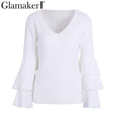 Glamaker Flare sleeve elegant sweater women Casual knitted sweater pullover female elastic winter sweater jumper women christmas