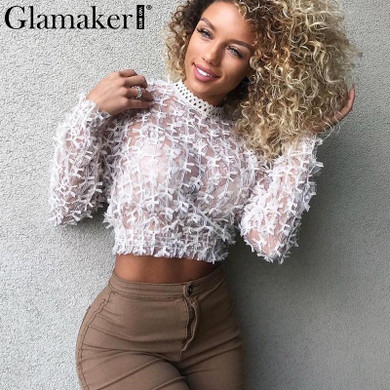 Glamaker Black transparent mesh top tees t-shirt Long sleeve women crop top shirt Sexy hollow out cami crop top women tops party