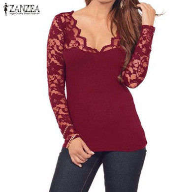 2018 Summer Women Blusas Sexy Long Sleeve Lace Crochet Sexy V Neck Stretchy Blouses Tops Casual Solid Plus Size Shirts Oversized