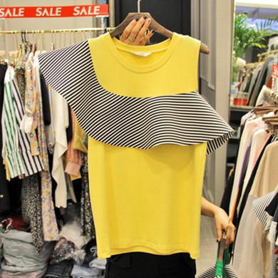 2018 Summer New Short Sleeve T Shirts for Women Fashion Striped Ruffles Tshirt Female Casual Korean Version T Shirt Ladies Tops