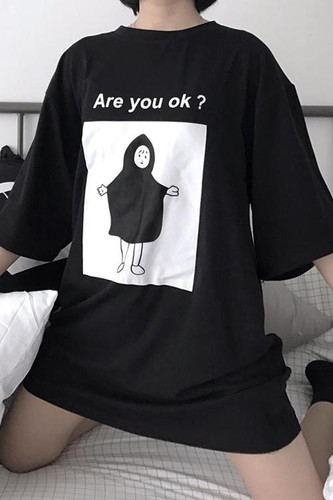 2018 Summer Korean Harajuku Black T-shirts Women Korean Ulzzang Cartoon Graphic Chic Female T Shirt Spring Comic Print Tee Tops